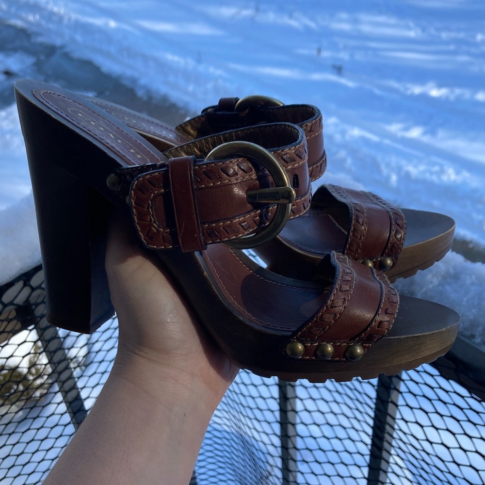Coach Chrissy Brown Leather Whipstitch Gold Buckle Gold Studded Wooden Heels - Picture 5 of 17